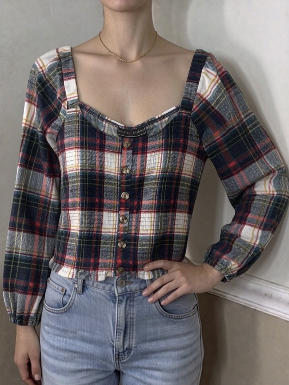 ❤️ 5 for $20! Polly & Esther Red, Navy & Cream Plaid Button-Down Top